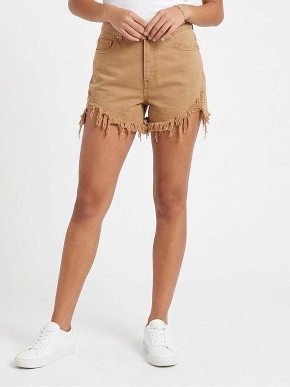 NWOT Risen High-Rise Frayed Hem Women's Shorts Tan ~ Large